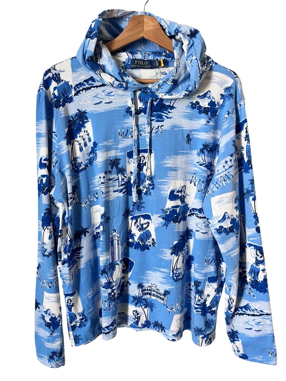 POLO Ralph Lauren Tropical Blue Hawaiian Aloha Hoodie Shirt Size Large